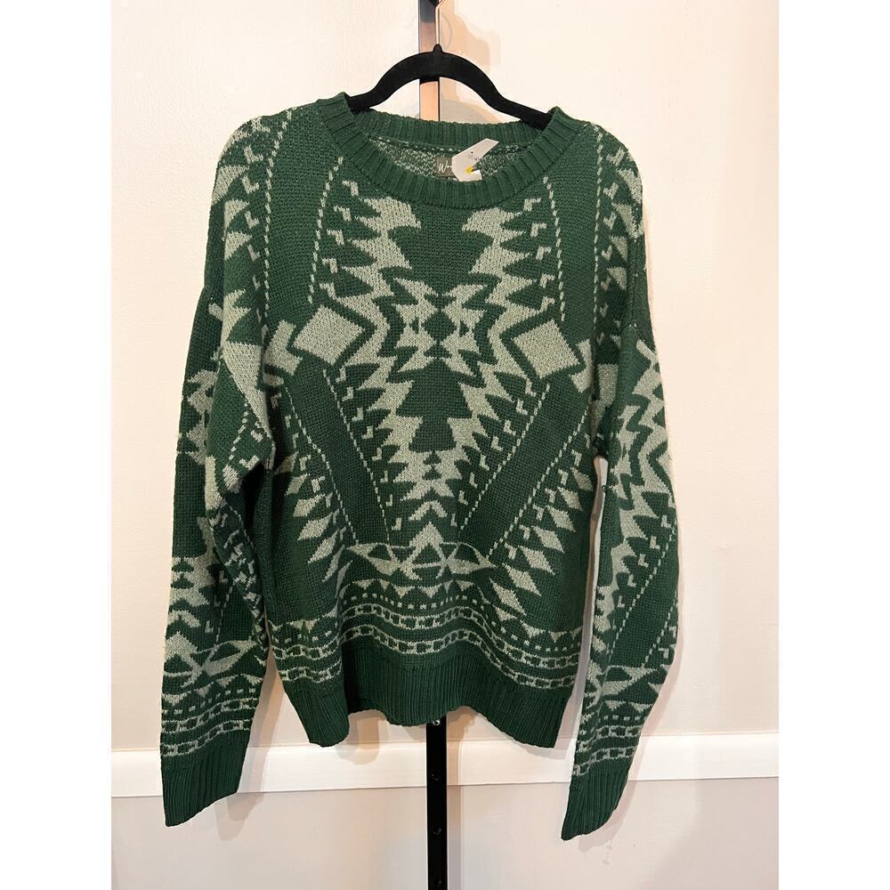 ☀️NWT Wonderly Sweater Crew Neck Long Sleeves Tribal Print Knit Green Womens XL